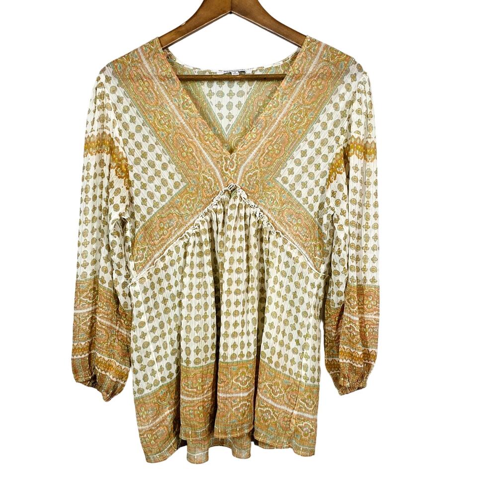 Rose + Olive Semi Sheer Tunic Top Blouse 3/4 Sleeve Loose Fit Gold Teal - S